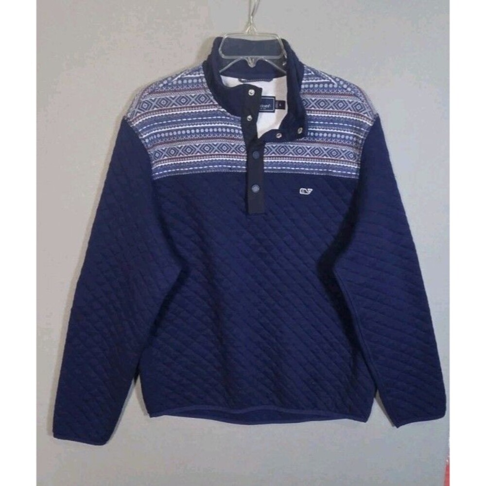 Vineyard Vines Sweater Mens L Navy Fair Isle Quilted Pullover 1/4 Snap Closure